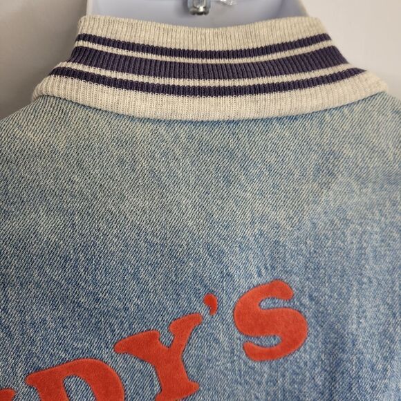 VINTAGE 90s denim varsity bomber spellout jean jacket unisex M - Picture 5 of 11